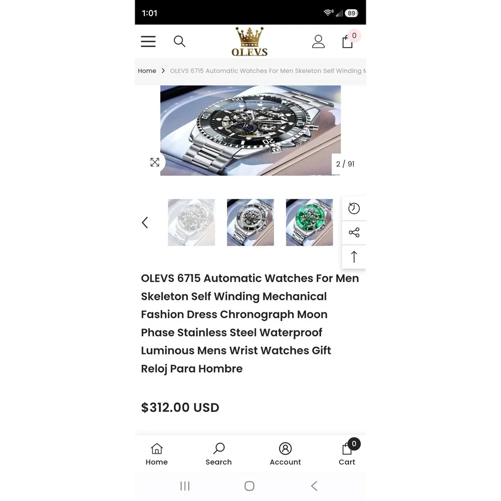 OLEVS 6715 Mens Automatic Skeleton Watch Silver Stainless Steel Moon Phase Black
